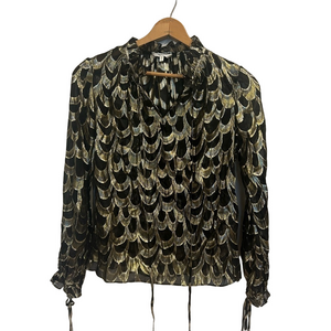 Milly Sherie Black Gold Metallic Lurex Scallop Pattern Long Sleeve Sheer Blouse